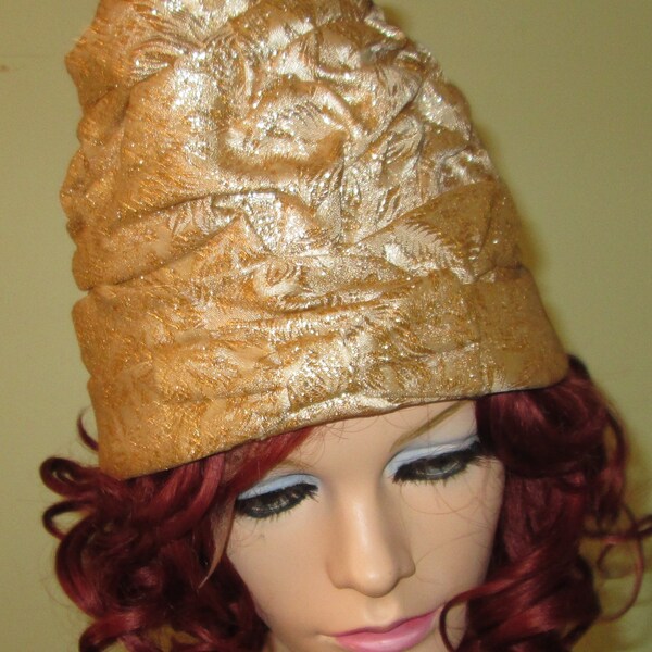 Vintage 1960s Gold Brocade Beehive Hat head circumference 22" Bow 7" tall