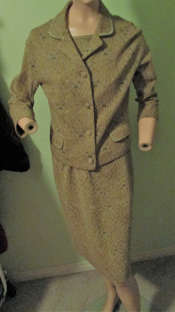 Vintage 1960s Tricosa Green/Gold Wool Suit Dress J