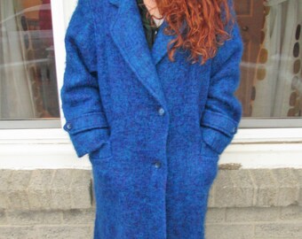 Vtg. 1970s 80s Dunderry Luxury Fabric Loomed in Scotland Anna collection Mohair/Wool/Nylon coat size 12 bust 44" length 46 1/4" Blues Sale