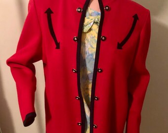 Vintage 1960s/70s Red long sleeved open blazer Arthur Kohler by Tricotville of London bust 43”, length is 23 1/2”