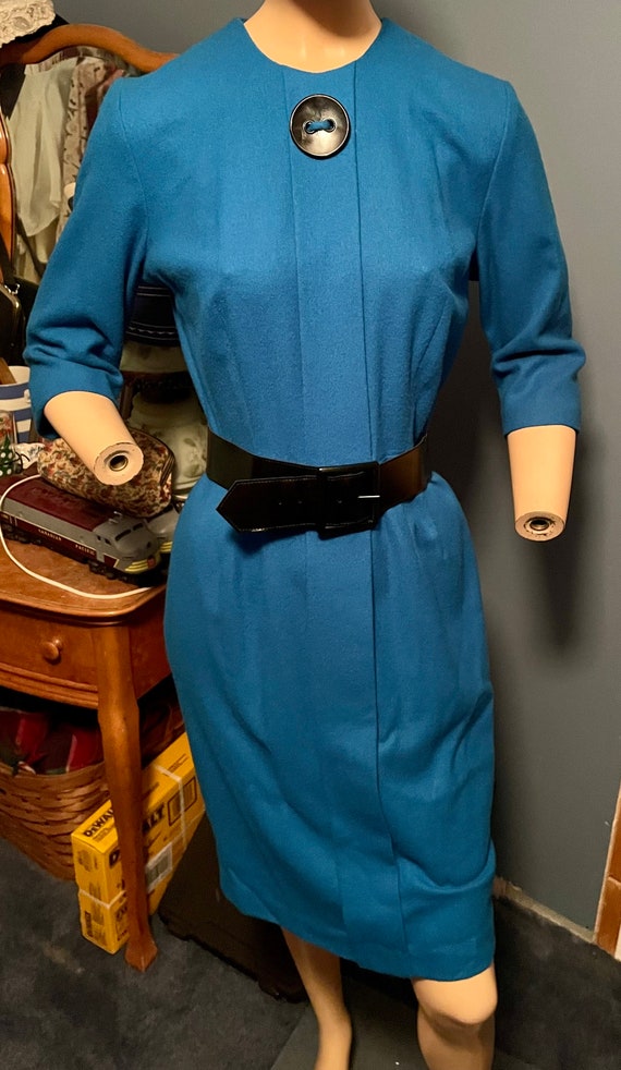 Cute vintage 1950s Blue wool wiggle dress Joyce P… - image 1