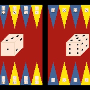 May include: Two red and white dice with black dots on a red background with yellow and blue triangles around the edges.