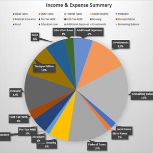 May include: A pie chart showing a breakdown of income and expenses. The largest expense is "Remaining Balance" at 19%, followed by "Investments" at 12%. Other expenses include "Housing", "Transportation", "Federal Taxes", "State Taxes", "Pre-Tax 401K", "Post-Tax 401K", "Medicare", "Social Security", "Additional Expenses", "Education Loan", and "Food".