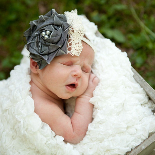 POSH Couture Silk and Lace Fabric Flower Rosette headband - Gray Beige Cream Ivory - (Custom Order) - Photography Prop - Wedding