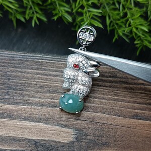 Sterling Silver Bunny Pendant | Ruby Eyes & Jadeite Base