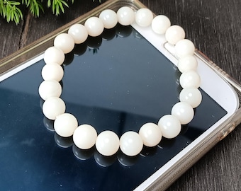White Nephrite Jade Bracelet 8mm | Calming Gemstone Stretch Cord