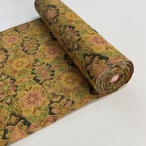 S94 Un-used Wool Blend Kimono Bolt (Tanmono) : Length12m Mustard Navy Chrysanthemum Calico Shosoin patterns by stencil dyeing