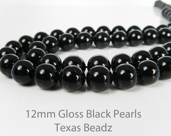 Black Glass Pearl Beads 12mm Big Black Pearls Large Faux Pearl Beads 34 pcs