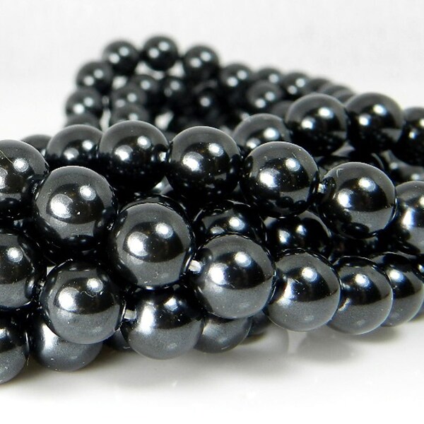 10mm Black Pearls Shiny Gloss Black Glass Pearls in Jet Black Round Loose Pearl Beads