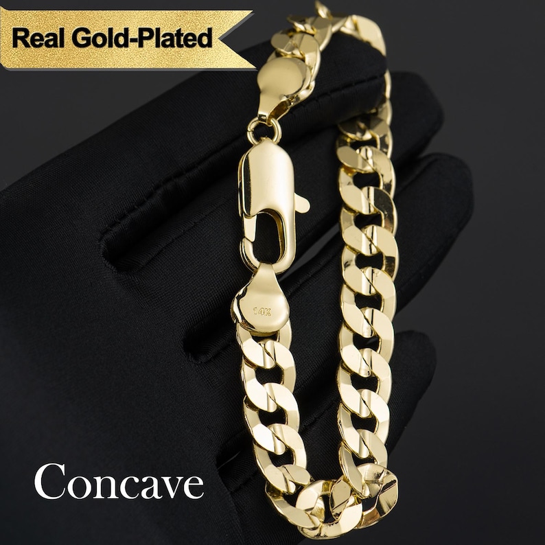 May include: A gold-plated concave curb chain bracelet. The bracelet features a large link design with a secure clasp. The image includes the text "Real Gold-Plated" and "Concave".