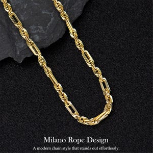 May include: A gold-colored chain necklace with a rope design. The chain is displayed on a dark, textured surface. The text "Milano Rope Design" and "A modern chain style that stands out effortlessly" is at the bottom.
