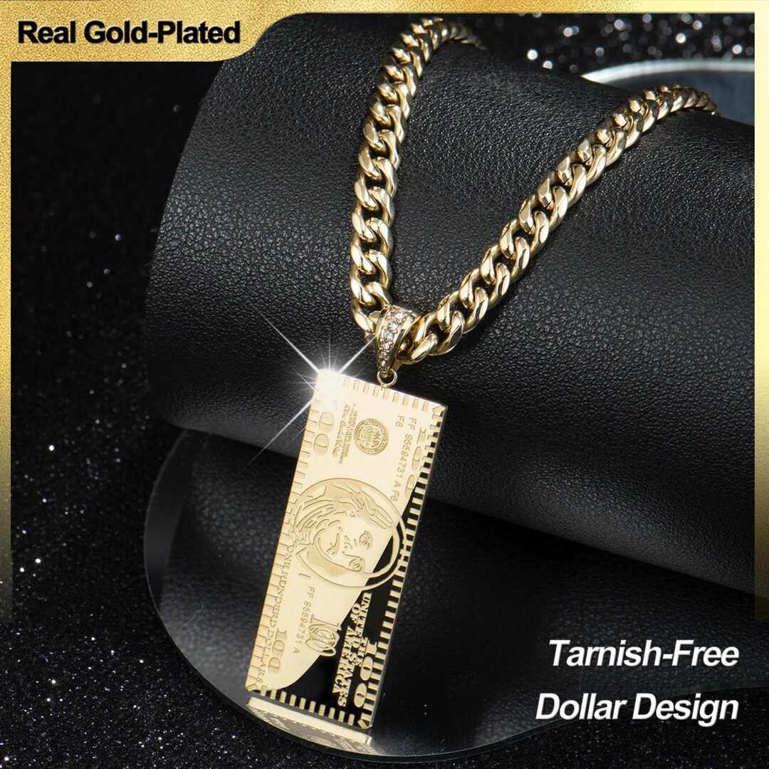 14K Gold Plated Dollar Pendant Necklace: Iced Cuban Chain, Hip Hop