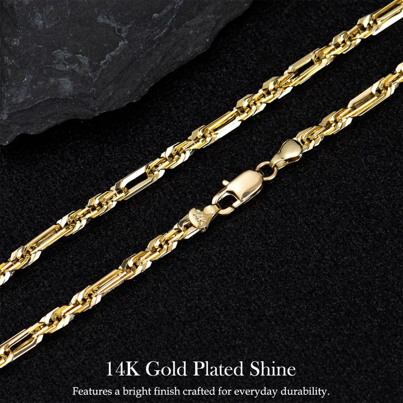 May include: A gold-plated necklace with a bright finish. The necklace features a combination of rectangular and rope-like links, with a secure clasp. The text "14K Gold Plated Shine" is visible at the bottom of the image.