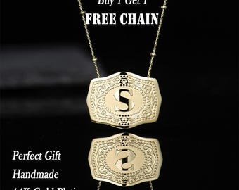 14K Gold-Plated Initial Pendant Necklace: Embossed Belt Buckle Detail, Two Chains
