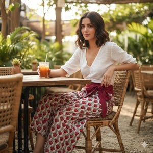 Peut inclure: Une personne assise à une table en bois, vêtue d'un chemisier blanc et d'un pantalon à motifs avec une ceinture rouge. Le pantalon présente un motif floral rouge répété. Elle tient un verre de jus d'orange avec une paille. Le cadre est extérieur, avec des chaises en osier et de la verdure.