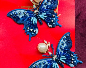 Handmade Blue Butterfly Beaded Earrings