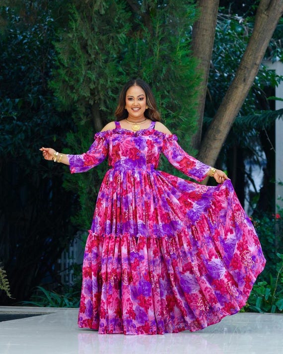 Ethiopian Chiffon KemiS - Handcrafted Flowing Dress | Minimalist Habesha Fashion by Shematibebe
