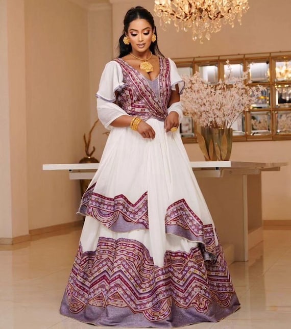 purple habesha dress Purple Embroidery Modern Habesha Dress Ethiopian Kemis