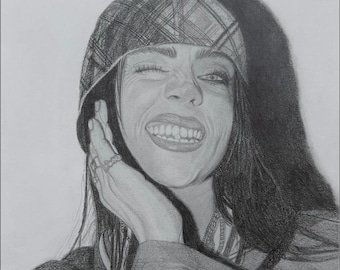 May include: A black and white pencil drawing of a woman with long dark hair wearing a plaid hat and a jacket. She is smiling and winking.
