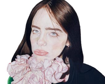 May include: A colour pencil drawing of a woman with long dark hair, wearing a black shirt, with a bouquet of pink roses resting on her neck.