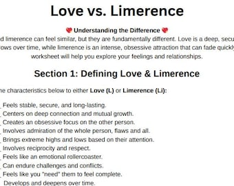 Könnte beinhalten: Ein weißes Arbeitsblatt mit dem Titel "Love vs. Limerence" mit Text, der die Unterschiede zwischen Liebe und Verliebtheit erklärt. Das Arbeitsblatt enthält einen Abschnitt zum Zuordnen von Merkmalen zu Liebe oder Verliebtheit.