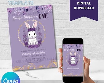 Some Bunny is One invite, editable invitation, first birthday party invitation, baby girl invite, purple bunny theme, Canva template
