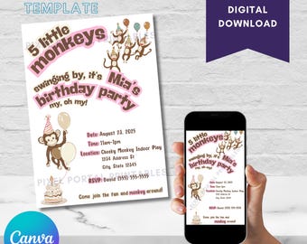 5 Little Monkeys Birthday Invitation: Editable Canva Template (Digital Download)