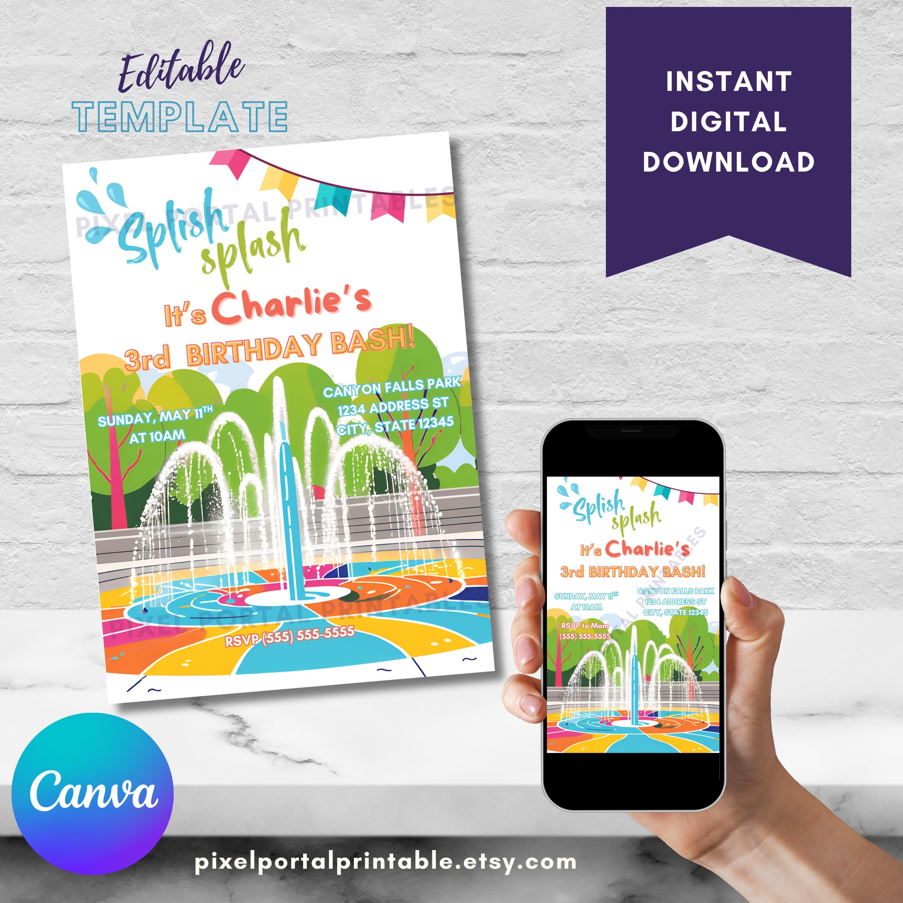 Splash pad kids birthday invite, editable invitation, birthday party invitation, Canva template