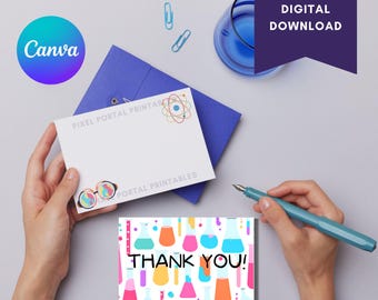 Birthday Experiment, thank you card, birthday party supplies, science theme birthday invite, rainbow theme, Canva template