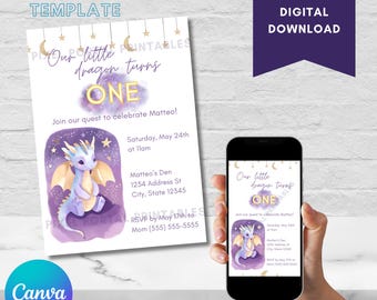 Little Dragon kids birthday invite, fantasy theme editable invitation, dragon birthday party invitation, Canva template