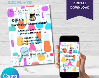Birthday Experiment, editable invitation, birthday party invitation, science theme birthday invite, rainbow theme, Canva template
