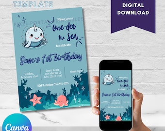 One-der the Sea bundle, editable invitation, thank you card, first birthday party invite, narwhal invitation, ocean theme, Canva template