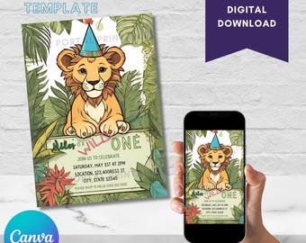 May include: Editable invitation template for a first birthday party with a jungle theme. The invitation features a cartoon lion cub wearing a blue party hat and surrounded by green leaves. The text on the invitation reads "Miler is a Wild One" and includes details for the party, such as the date, time, location, and RSVP information.