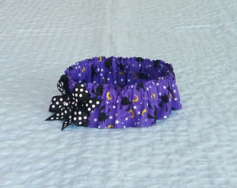 Halloween Witches on Purple Sky Dog Collar Scrunchie, Dog Ruffle Collar, with black dotted bow - Size XL - 18" to 20" neck - REDUCED PRICE