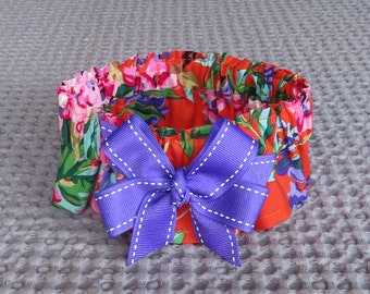 Snapdragons Dog Scrunchie Collar, Dog Ruffle Collar, with grape grosgrain ribbon bow - Size M: 14" to 16" neck