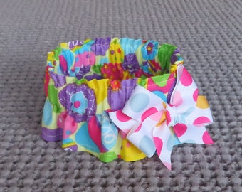 Big Bright Easter Eggs Dog Scrunchie Collar, Dog Ruffle Collar with dotted bow - Size S - 12" - 14" neck - LAST BOW Like This