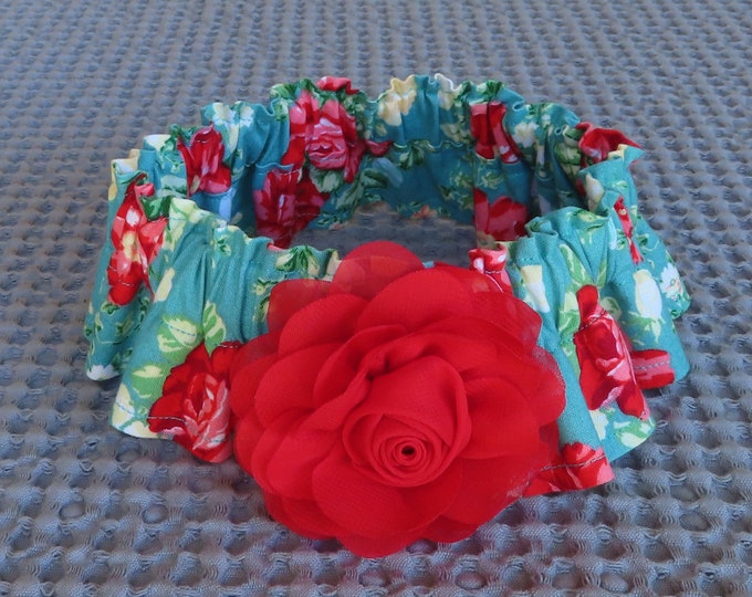 Dog Ruffle Collar, Vintage Floral on Teal Dog Scrunchie Collar, With