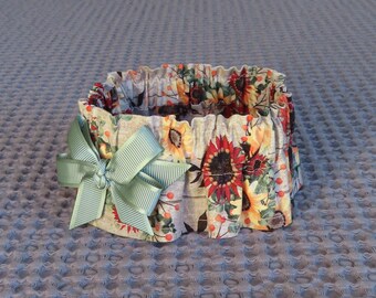 Fall Floral on Tan Thanksgiving Dog Scrunchie Collar, Dog Ruffle Collar, with sea foam green bow - Size S: 12" to 14" neck