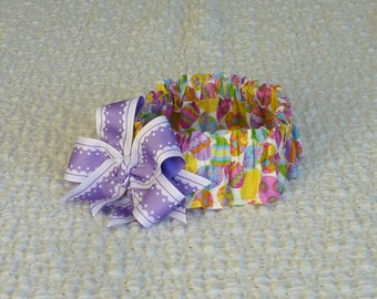 Fancy Easter Eggs Dog Scrunchie Collar, Dog Ruffle Collar with big purple lattice edge bow - Size L - 16" - 18" neck - REDUCED PRICE