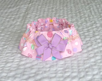 Easter Eggs on Pink Dog Scrunchie Collar, Dog Ruffle Collar, with gimp trim and lilac bow - Size L: 16" to 18" neck - REDUCED PRICE