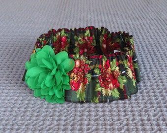 Berries & Bells on Christmas Plaid Dog Scrunchie Collar, with green chiffon flower - Size XXL:  20" to 22" neck