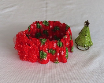 Christmas Trees and Snowflakes Dog Scrunchie Collar - red dotted chiffon and lace flower - Size S:  12" to 14" neck