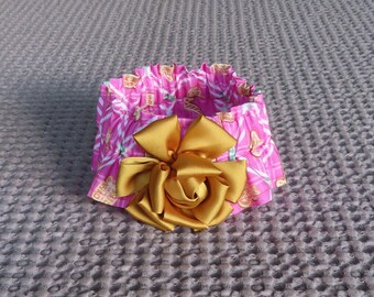 Christmas Cookies on Pink Plaid Dog Scrunchie Collar, Dog Ruffle Collar - gold satin ribbon flower - Size S: 12" to 14" neck