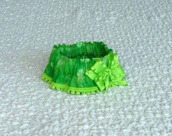 St. Patrick's Day Tone on Tone Shamrocks Dog Scrunchie, Dog Ruffle Collar with fixed poms and bow - Size S: 12" to 14" neck