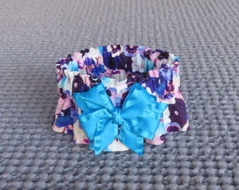 Purple and Aqua Blooms Dog Ruffle Collar Scrunchie with aqua satin bow - Size XS: 10" to 12" neck