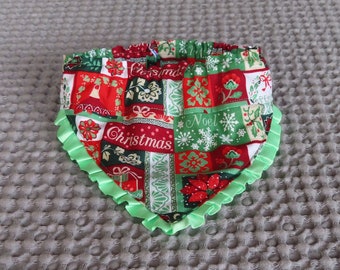 REDUCED PRICE - Holiday Words Dog Scrunchie Bandana - satin pleated ribbon trim - Size S: 12" to 14" neck