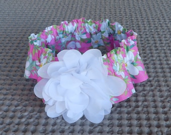 Luau Pink Floral Dog Scrunchie Collar, Dog Ruffle Collar, with white chiffon flower - Size L - 16" to 18" neck