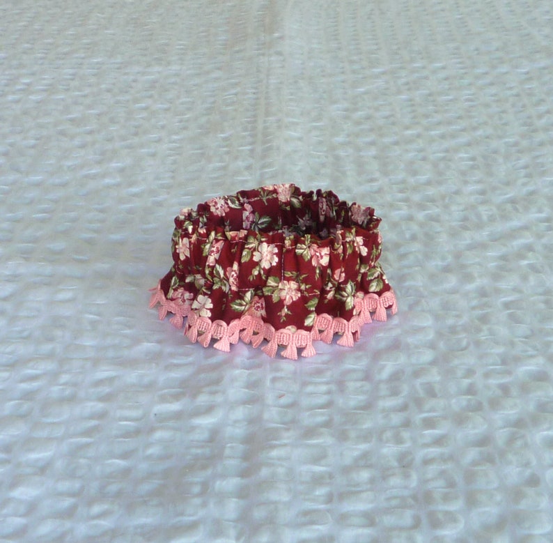 Pink Floral on Burgundy Dog Scrunchie Collar Size XS Dog Ruffle Collar with pink looped trim 10 to 12 neck