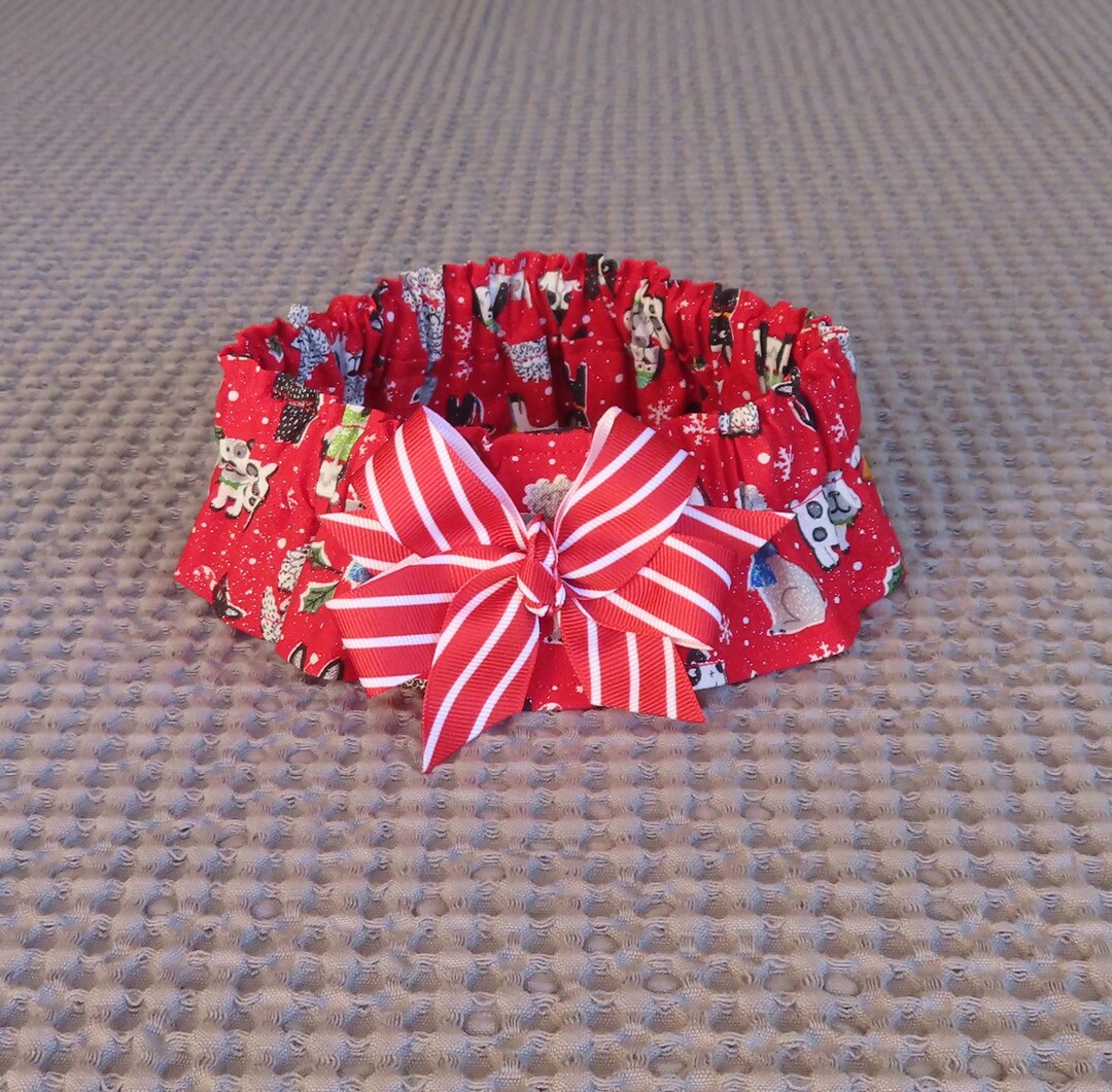 Holiday Hounds Dog Scrunchie Collar, Dog Ruffle Collar Red and White Striped Bow Size L 16 to