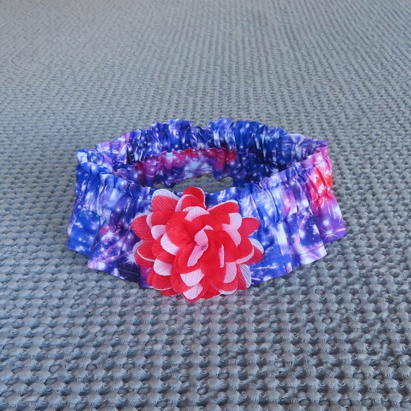 Night Sky Fireworks Dog Scrunchie Collar, Dog Ruffle Collar - red and white glitter flower - Size XL:  18" to 20" neck